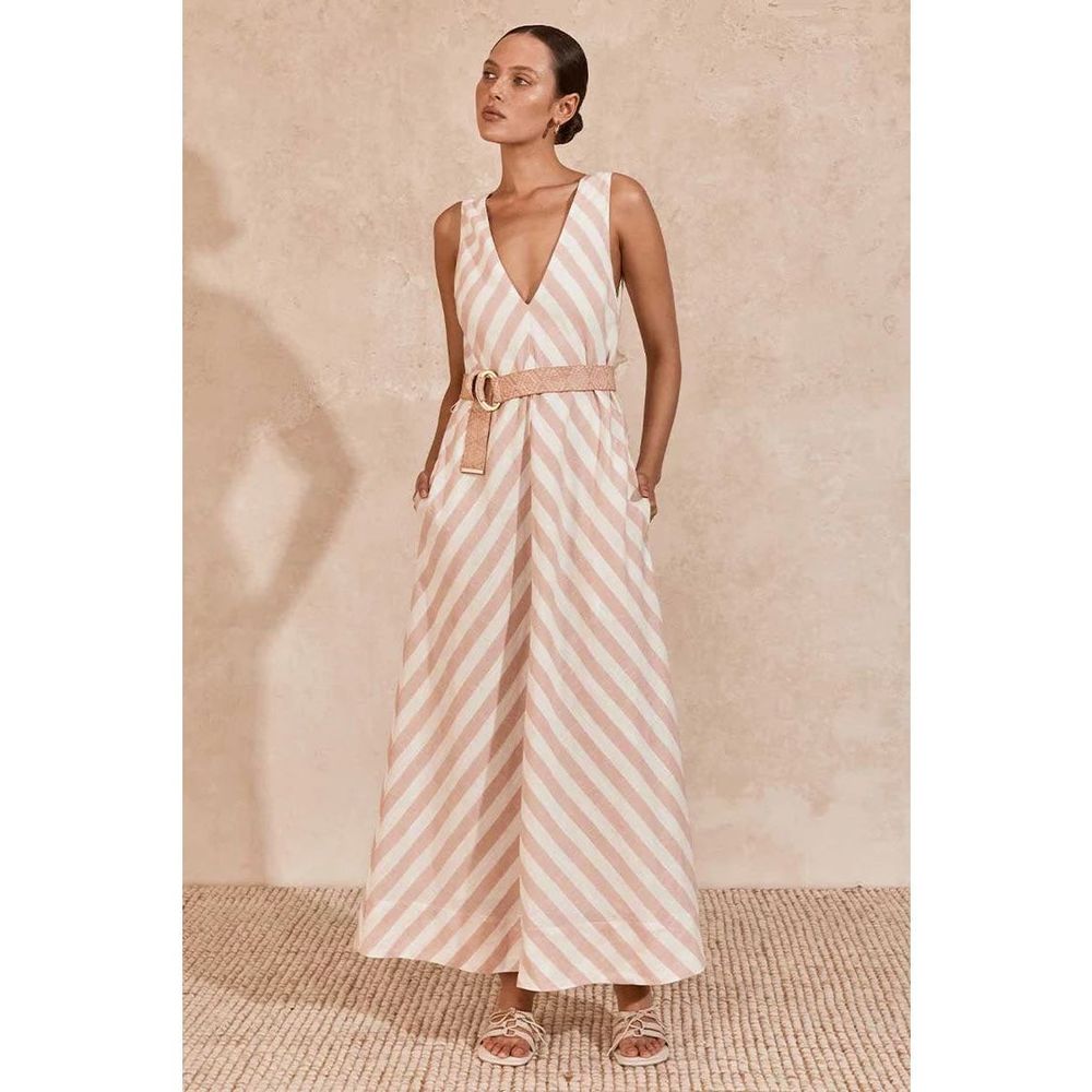 MON RENN Frida Sleeveless midi  Dress in White and Pink size S NWT $199